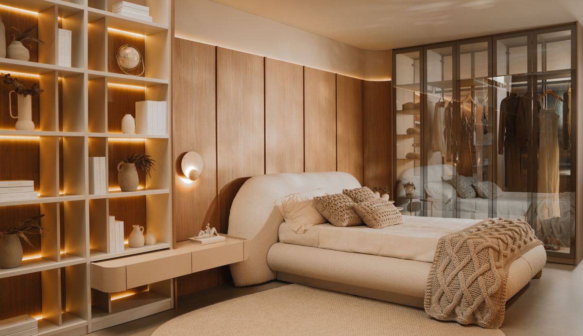 Dormitório com estante iluminada, cama estofada clara e closet de portas de vidro em Freijó Nature e Areno.
